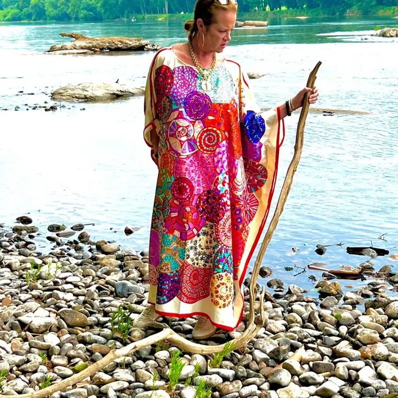 White and Multi-Color Kaftan for Women, Lightweight Flowy Casual Summer Cover-Up
