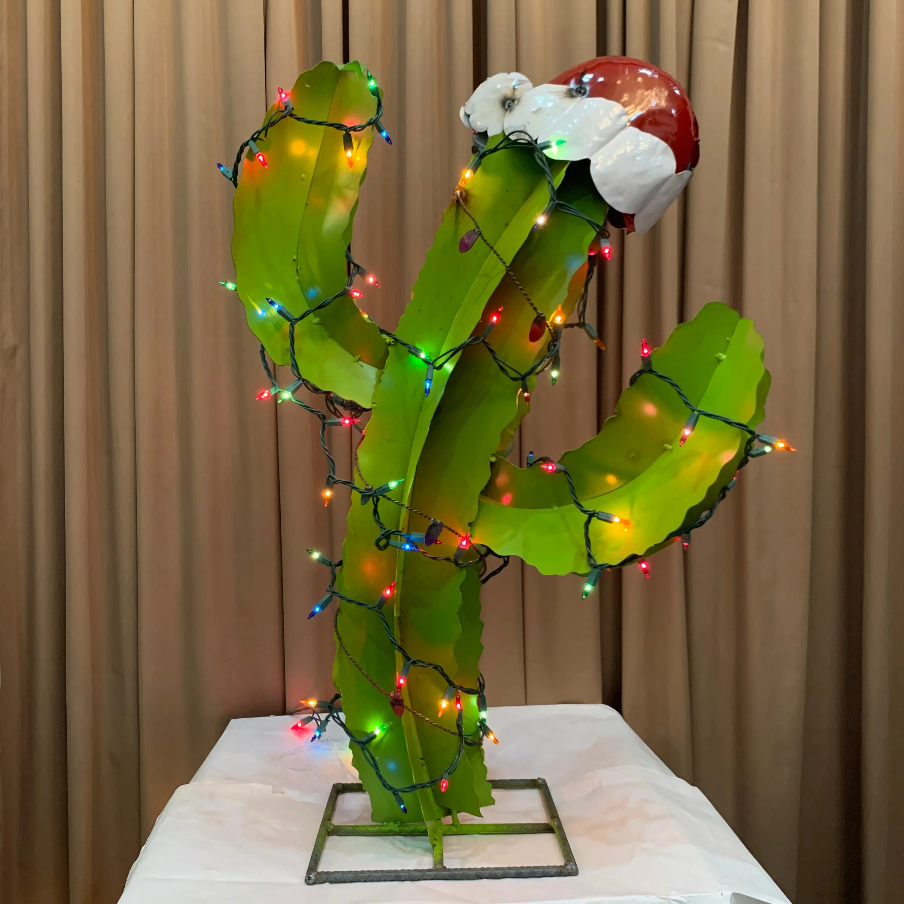 Christmas Metal Saguaro Cactus with Santa Hat & Lights – 14" or 3 Ft Holiday Decor