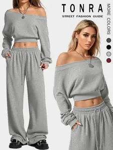 Women's Solid Color Crop Sweatshirt & Flowy Wide Leg Pants Two-piece Set, Casual Fashion Cozy Breathable Two Piece Outfits for Daily Outdoor Wear, Women Clothes for Spring & Fall, Womenswear
