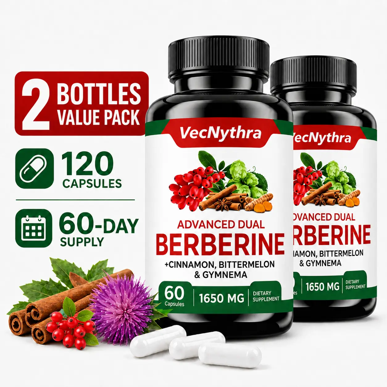 VecNythra Berberine Complex Capsules 2-Pack with Ceylon Cinnamon, Milk Thistle & Zinc, Botanical Daily Wellness Support, 120 Capsules