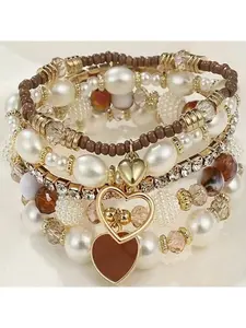 Women's Vintage Fashion Multi-Layer Heart Bracelet Set, Faux Pearl Beaded Jewelry Accessories, Elegant Gift for Her