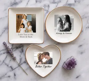 Personalized Heart Photo Jewelry Dish - Custom Mother's Day Gift - Aesthetic Gold Rim Trinket Tray - Always & Forever Keepsake