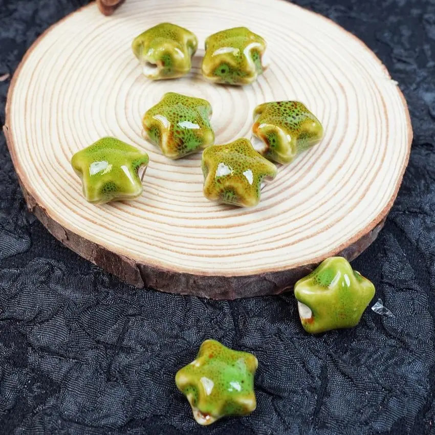 LUMAWU Handmade 3D Star Porcelain Beads Set - Forest-Style Design Fresh Green Tone, 10 Pieces Charms for Beading Making, Charms Making, DIY Craft Embellishments for Nature Lovers