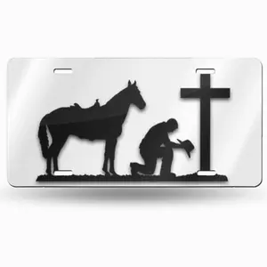 License Plate Cowboy Praying at Cross Horse Decorative Car Front License Plate,Vanity Tag,Metal Car Plate,Aluminum Novelty License Plate for Men/Women/Boy/Girls Car,6 X 12inch