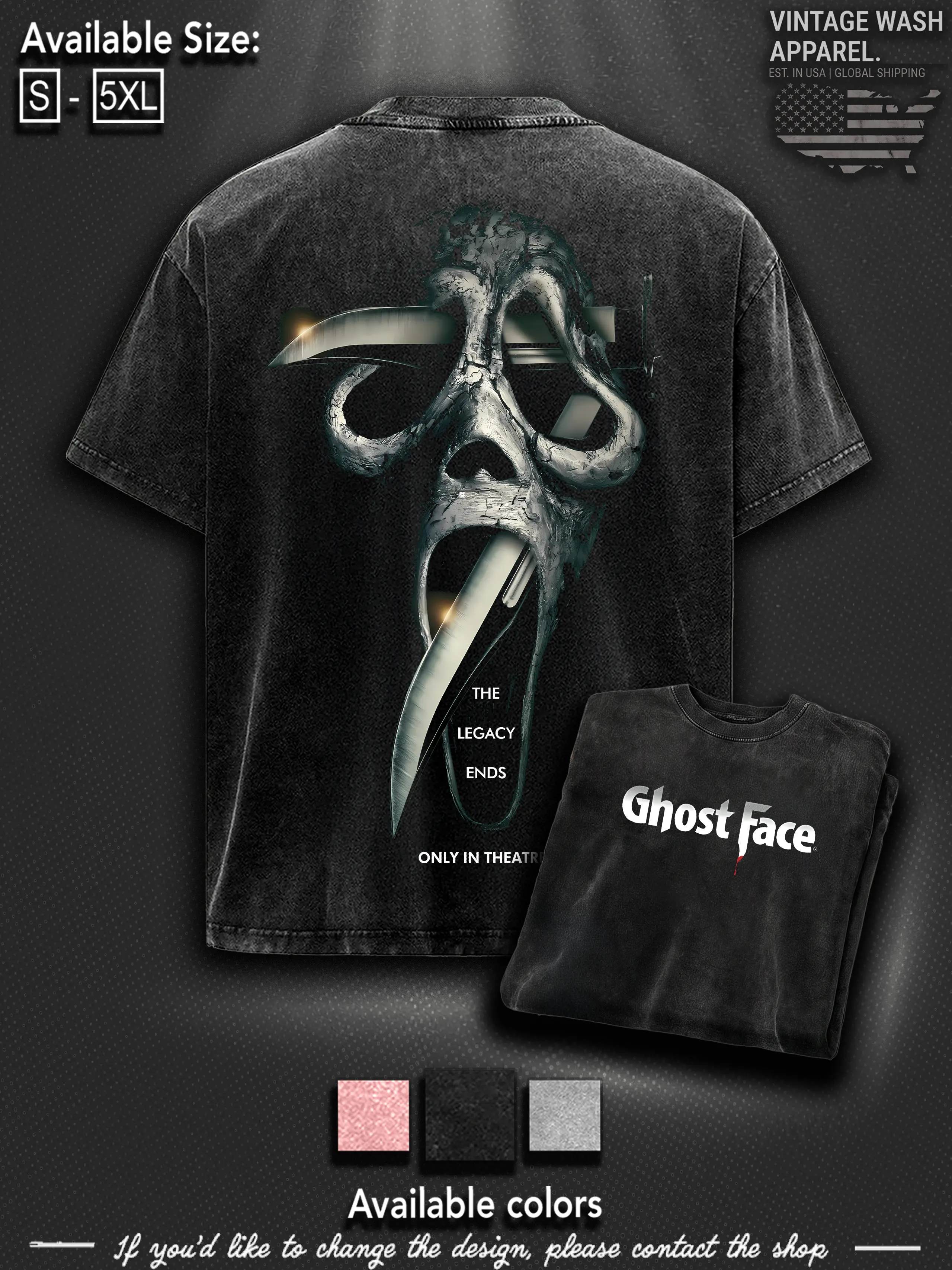Ghost Face Scream Horror Premium Acid Wash T-Shirt, Halloween Merch Friday The 13th Merch, 80s Horror T-shirt, Slasher Movie Apparel For Fans