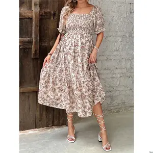 For Front Dress Hem Sleeve Print Maternity tiktok Floral Puff Ruffle With Tie Music Festival