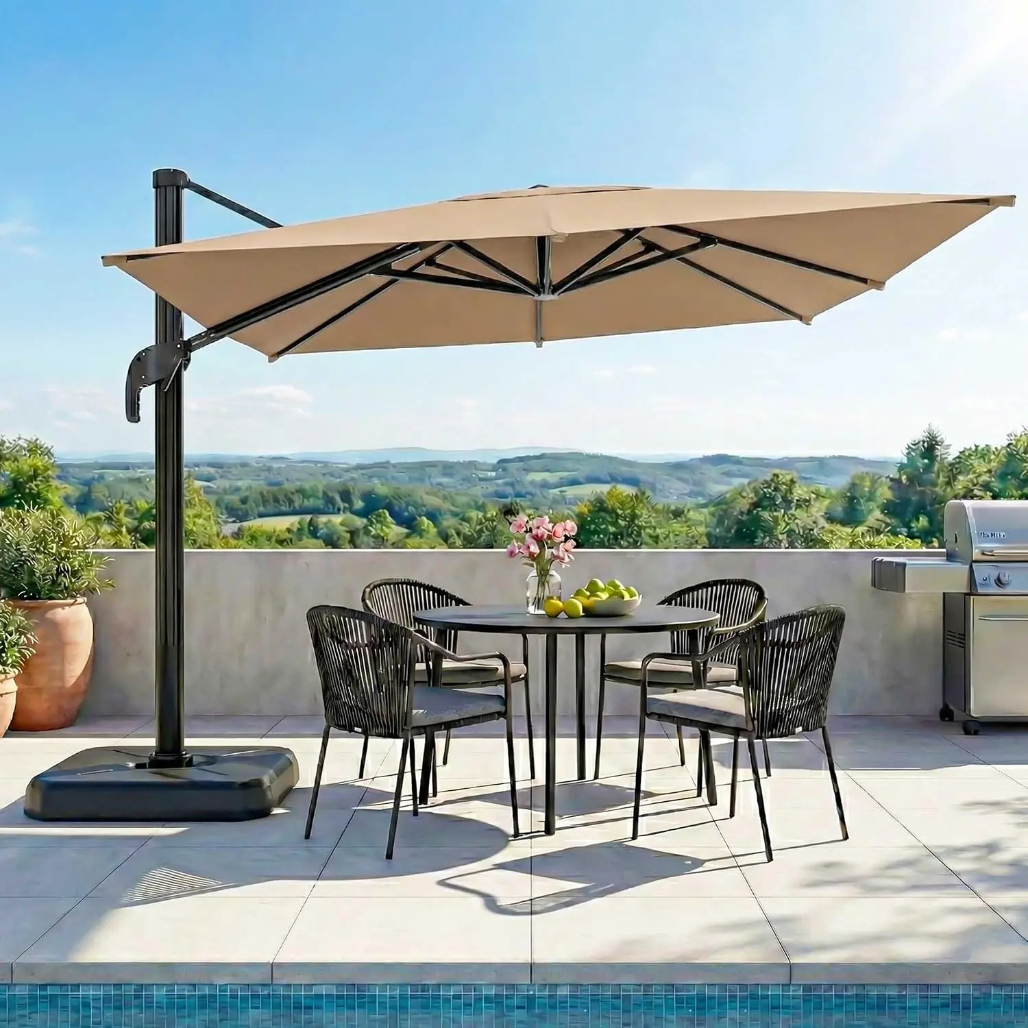 LAUSAINT HOME 10FT Square Cantilever Patio Umbrella, 360° Rotation Offset Umbrella with Aluminum Frame, Large Outdoor Sun Shade for Backyard, Pool, Deck, Lawn(Square Khaki/Gray)