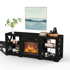 Karlhome Fireplace TV stand, farmhouse-style entertainment center for 70-inch TVs, with electric fireplace heater and adjustable shelves, living room fireplace media control table.