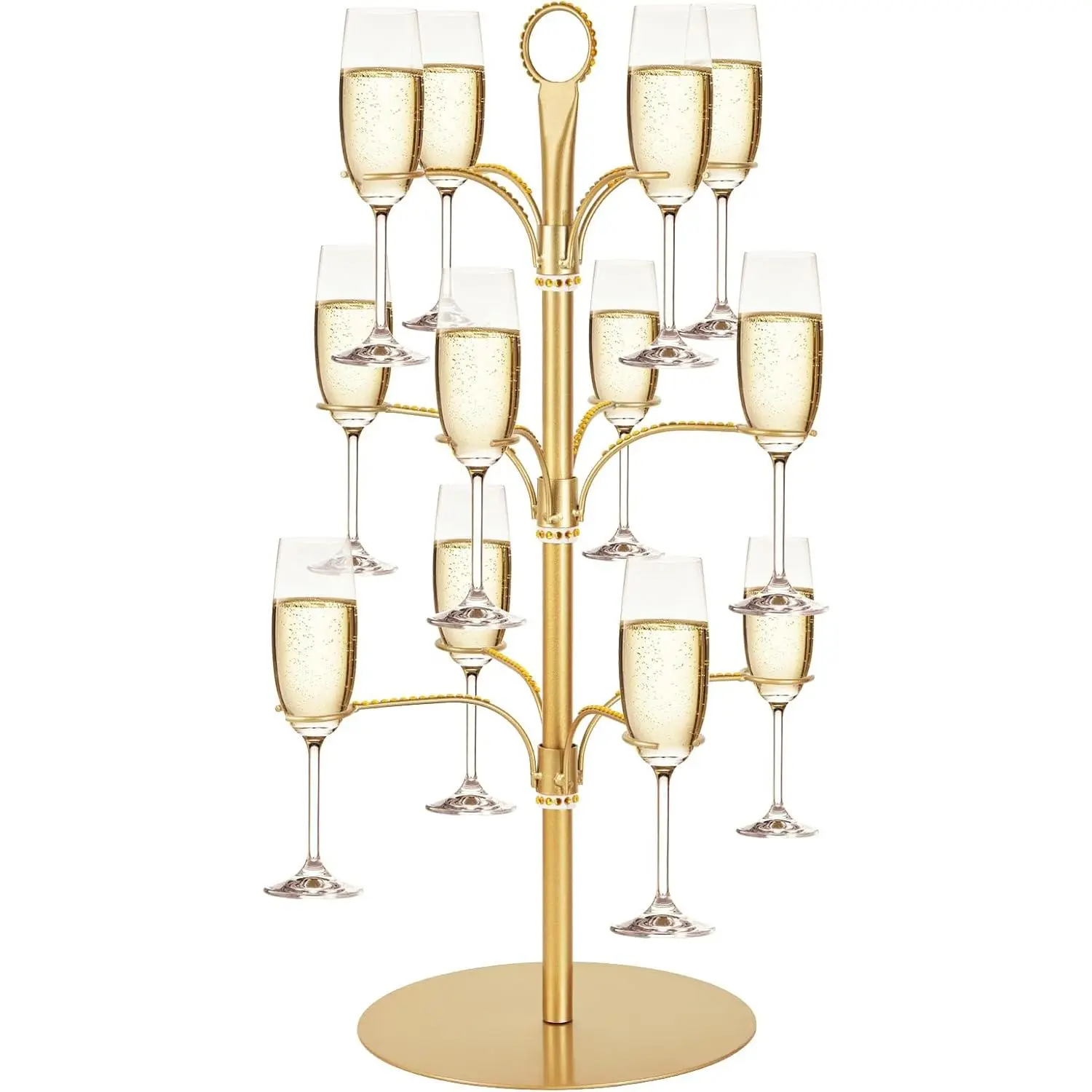 Sturdy Circular Metal Cocktail Tree Stand - 3-Tier 12-Holder Drink Display with Compact Footprint Saves Counter Space, Fits Champagne, Wine, Gin Glasses, Ideal for Party, Happy Birthday, Bar Use, Card Ring Decor, Perfect Gift Tool Organizer Rack, Glasswar