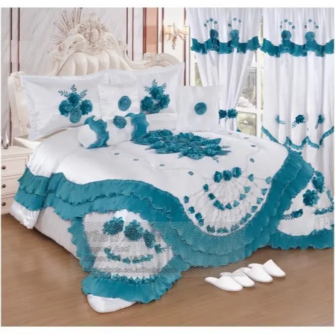 10 Piece Wedding Set - Pink and White Bedding with Floral Design and Ruffled Edges
