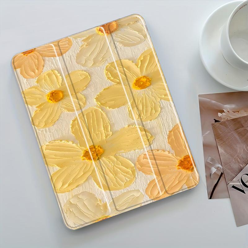 Textured Yellow Floral Design iPad Case, Tablet Casing, Tablet Accessories, Transparent Acrylic Stand Cover, Pencil Holder & Charger Slot, Fits iPad Pro/air/mini, Shock-resistant Protective Case for Office, School & Home