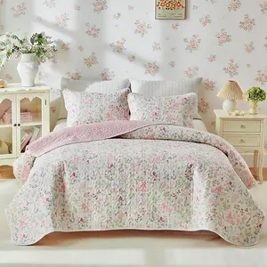 2 Pieces Twin Size Floral Cotton Quilt Set for Girls, Colorful Flowers n Leaves Design, Cozy Lightweight Cotton Quilt Bedspread Bed Cover for All Season- 68x88 inches