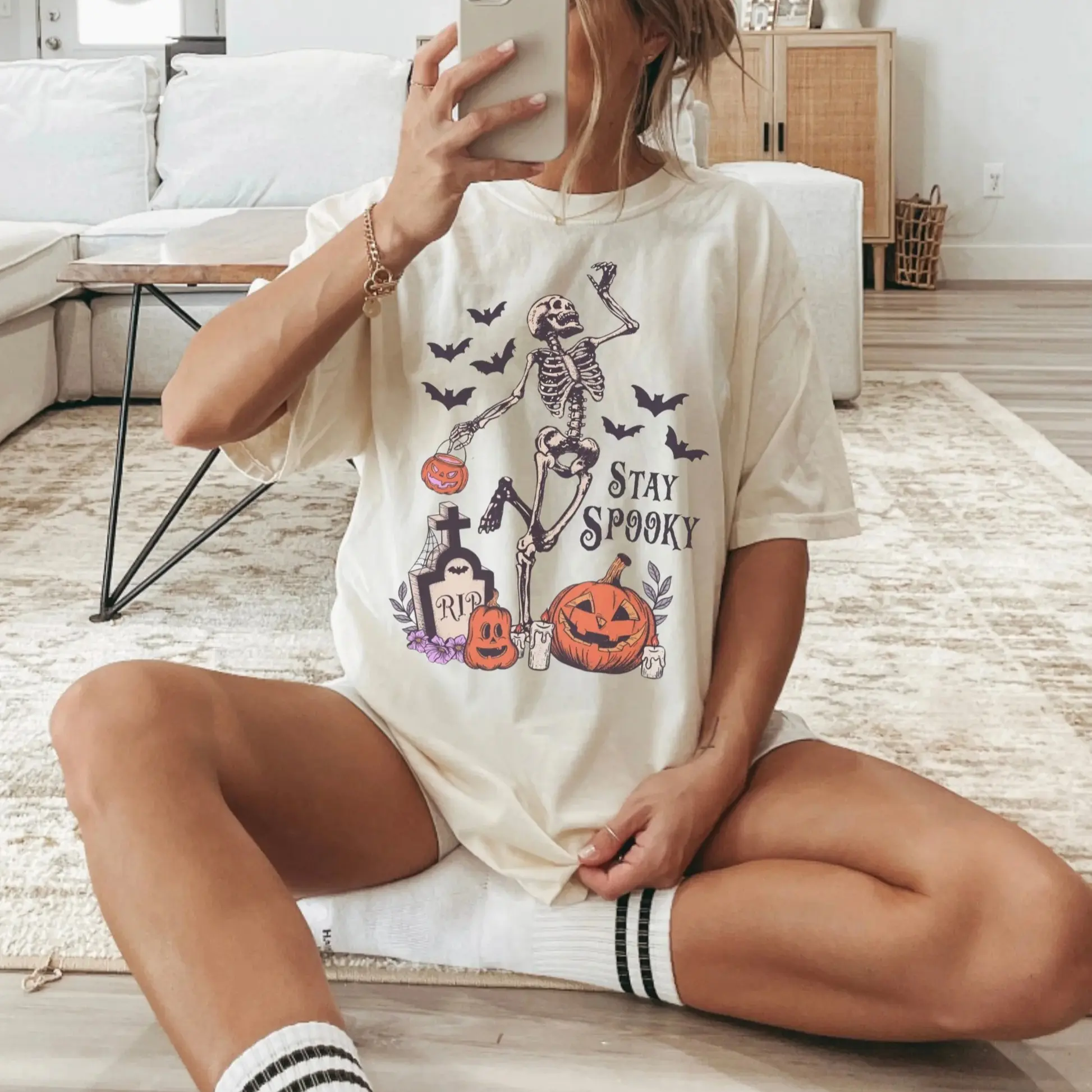 Stay Spooky Skeleton T-Shirt, Halloween Skeleton Graphic Tee, Spooky Shirt, Pumpkin Bat Graveyard Fall Top, Cute Halloween Gift