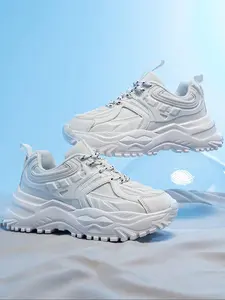 Men's Fashionable Patchwork Design Lace Up Low Top Sneakers, Casual Comfortable Breathable Sports Running Shoes, Male All-match Round Toe Chunky Sneakers for Daily Wear, Closed, Athletic Running Shoes