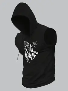 Men's Regular Fit Angel & Letter Print Hooded Tank Top, Workout Tank, Casual Sleeveless Top for Daily Wear, Men's Clothes for All Seasons, Socks