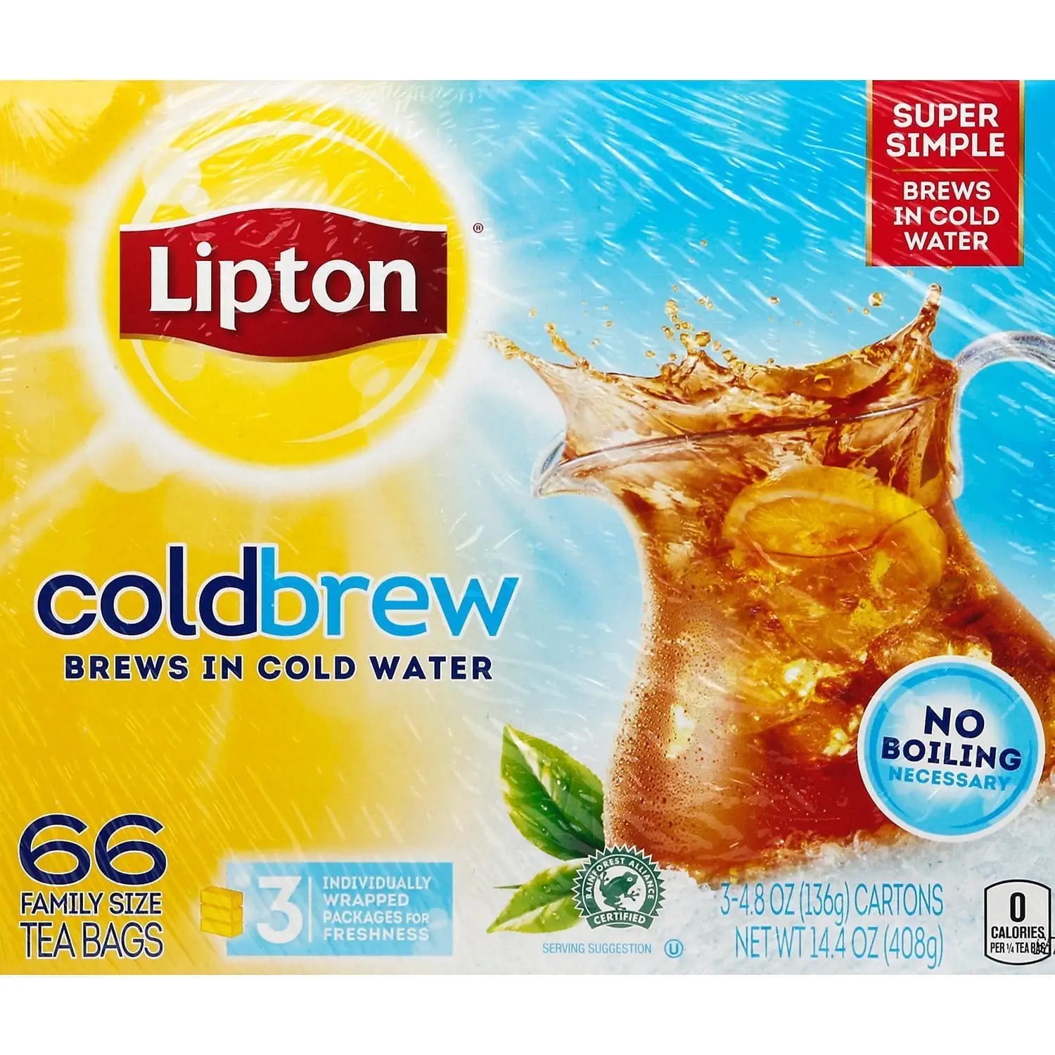 Lipton Cold Brew Black Iced Tea Bags - 66-Count Family Size, 0 Calories