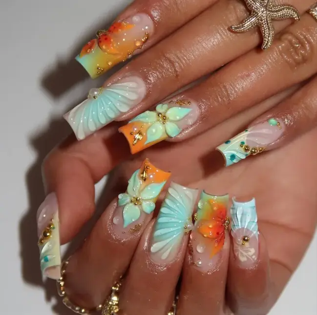 Mermaid Seafoam Press on Nails, 3D Shell and Floral Nails, Dreamy Ocean Nail Art, Luxury Beach Wedding Nails, Handcrafted False Nails
