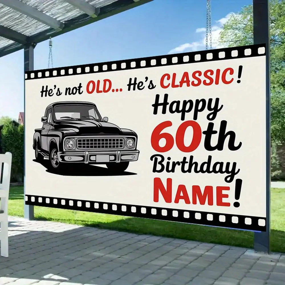 60th Birthday Backdrop Banner - 1PC Vintage Truck 2D Flat Design, Customizable Name, Reusable Polyester Standing Banner, Party Decoration Supplies for Indoor-Outdoor Parties, Home Festivities
