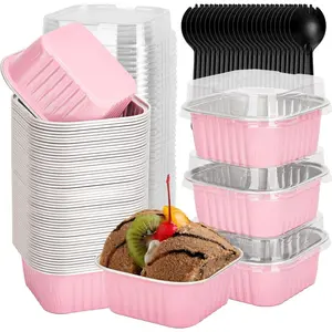 60 Pack 5oz Mini Disposable Cake Pans with Lids, Aluminum Foil Square Baking Cups, 3.5x3.5 Small Baking Cake Tins Cup Cake Containers with Lids for Individual Cakes
