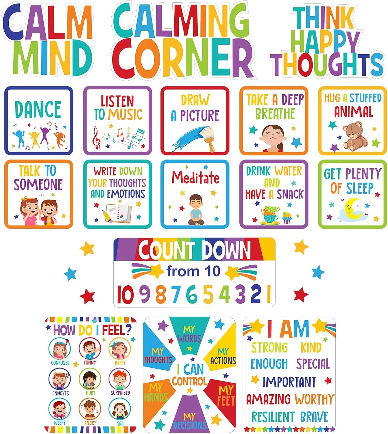 Pajean Calm Down Corner Bulletin Board Set for Classroom Decoration Feelings Chart Mental Health Feeling Management Poster for Kindergarten Emotions Poster Decor School(Bright Colors)