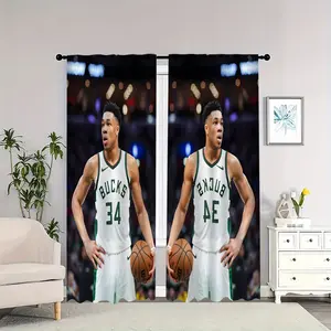 Basketball players holding basketballs stand on the court. Indoor curtains, light-blocking, heat-insulating, and soft, suitable for home décor.