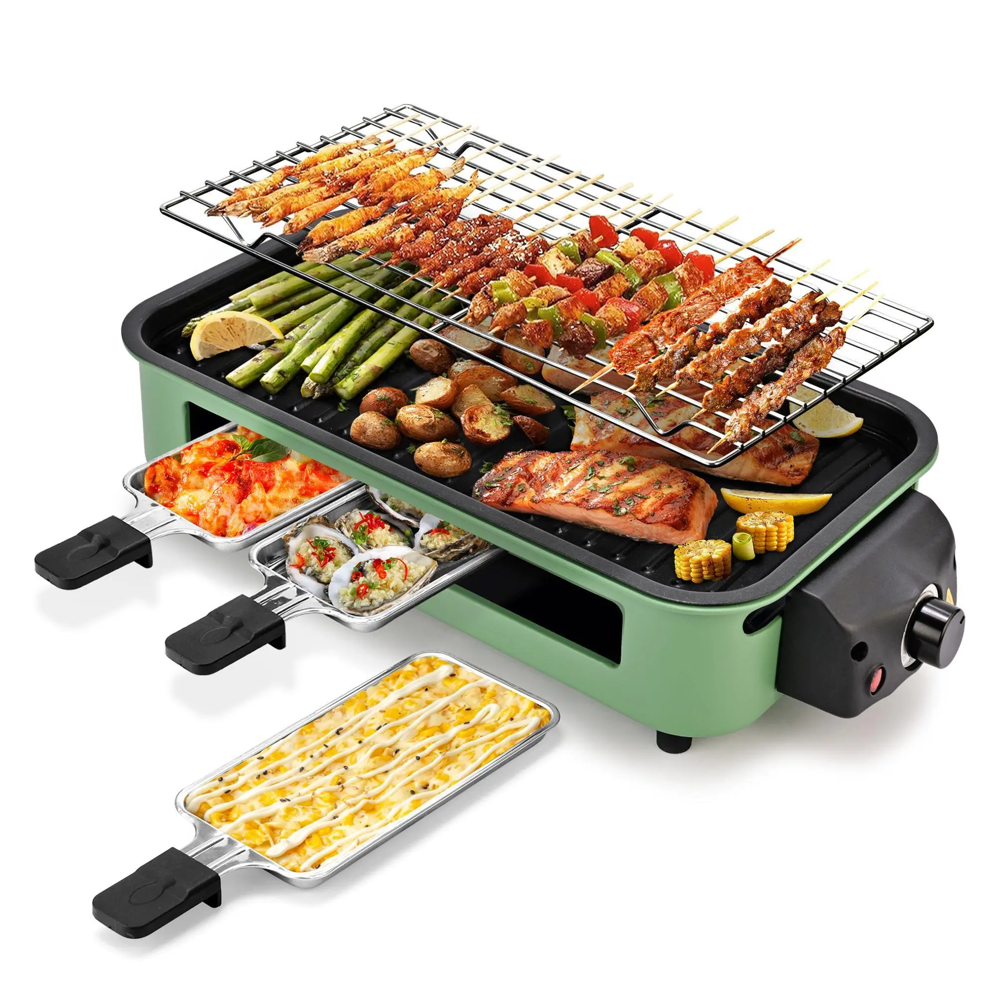 Pukomc Green Indoor Smokeless Grill, Non-Stick Cooking Removable Plate, Portable Electric Korean BBQ Grill with Temperature Control, Dishwasher Safe