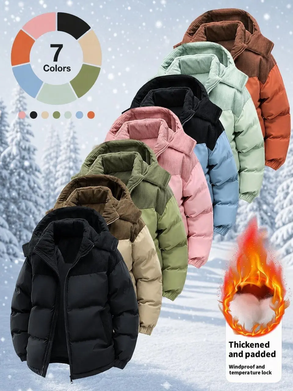 Menswear Men's Corduroy Patchwork Hooded Puffer Jacket - Thick Padded, Windproof, Temperature-Locking, Plain, Stylish, Loose-Fit Tops Clothes for Winter Snow, Daily Outdoor Wear (7-Color)