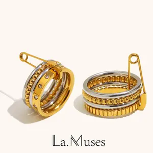 RINGLUX - La. Muses Pin Shaped Loop Buckle 4-Layer Bead Zircon Stainless Steel Women's Ring PVD Trendy Daily Jewelry Accessories Gift