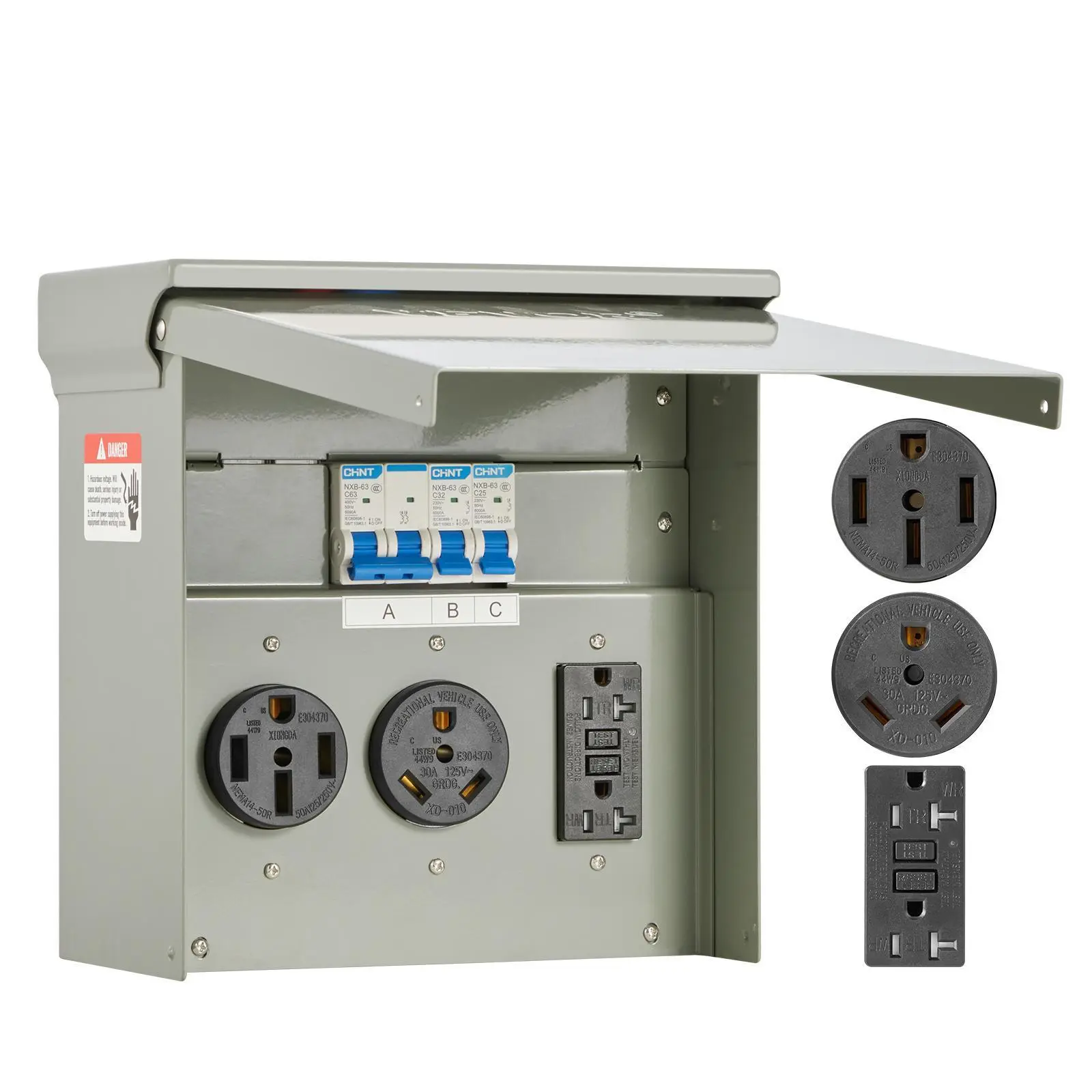 VEVOR Temporary Power Outlet Panel, 20 30 50 Amp, RV EV Electrical Outlet Panel, with NEMA 50 Amp NEMA 30 Amp GFCI 20 Amp Receptacle Installed, Pre-Wired IP54 Weatherproof Box, for RV Camper Motorhome