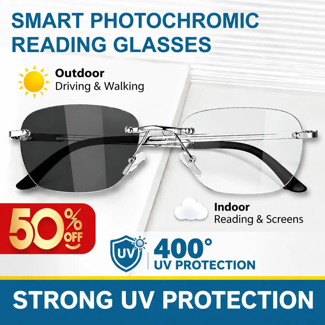 Lightweight Photochromic Reading Glasses - Sleek Half-Rim Frame, Modern Look, Ideal for Daily Near-Range Activities Like Reading Books, Digital Screens - Perfect for Parent Gifting Occasions