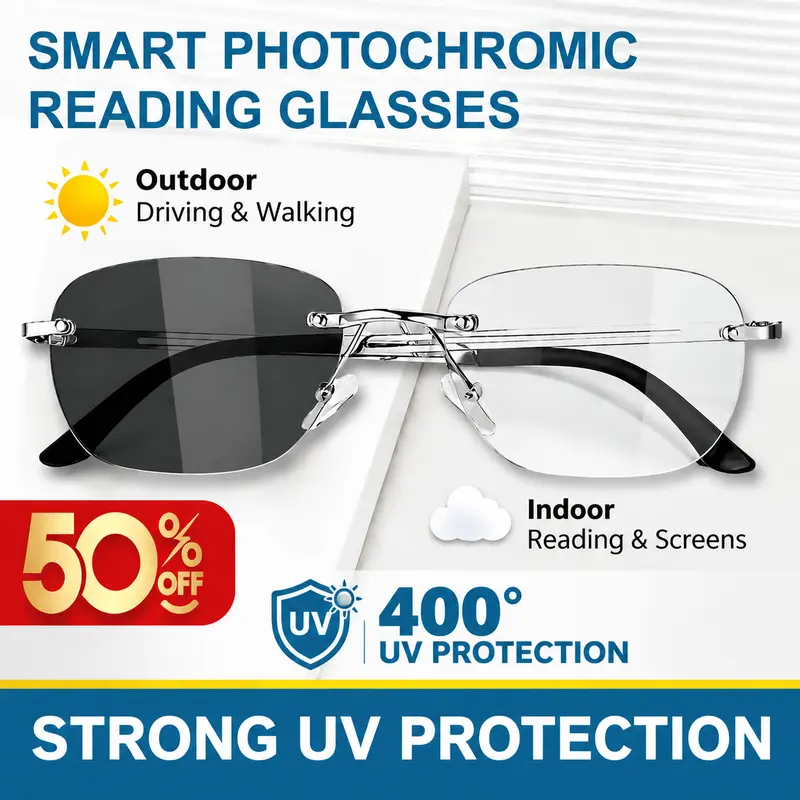 Lightweight Photochromic Reading Glasses - Sleek Half-Rim Frame, Modern Look, Ideal for Daily Near-Range Activities Like Reading Books, Digital Screens - Perfect for Parent Gifting Occasions