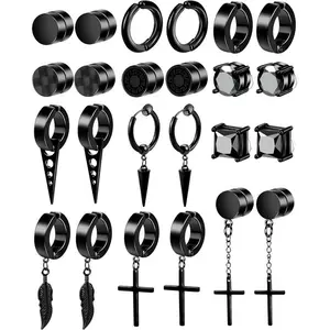 12 Pairs Black Magnetic Earrings for Men Clip On Earrings for Men Fake Earrings Mens Earrings Hoop Dangle Earrings Black Earrings for Men Women Fake Piercing Non-Piercing Earrings Set