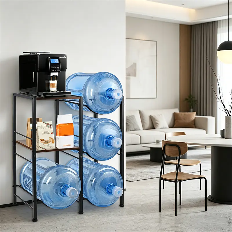 4-Tier Water Jug Stand with Extended Wood Tabletop Shelf – 4 Slots, 5 Gal Water Bottle Holder Storage Rack with Water Dispenser Stand for Home, Office, Garage Organizer – Heavy Duty Metal Frame