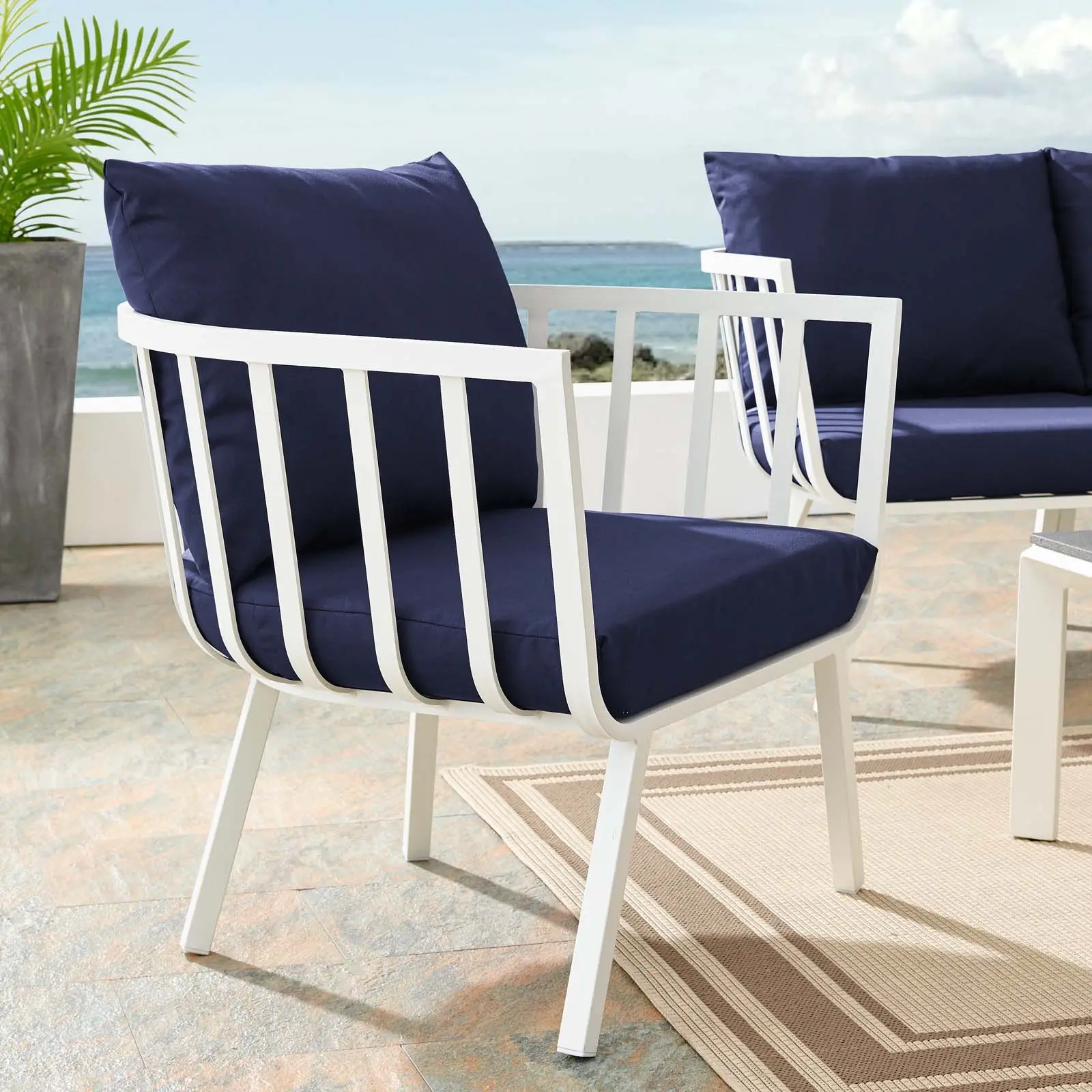 Modway Riverside Coastal Outdoor Aluminum Armchair - White Navy, Weather-Resistant Furniture with Cushioned Fabric for Backyard Patios, Cushions, Foot Caps