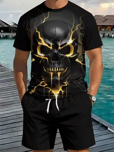 Men's 3D Digital Printed 2-Piece Set, Black Gold Lightning Skull Outfit, Trendy Retro Casual Two-Piece Suit, Vacation Style Fashion Wear, Breathable Sports Casual Style, Perfect Festival Gift for Men