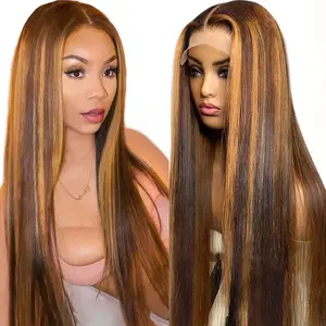 Ombre Lace Front Wig Human Hair Highlight 13x4 HD Straight 180% Density 4/27 Colored Honey Blonde Glueless Pre Plucked with Baby Hair for Women