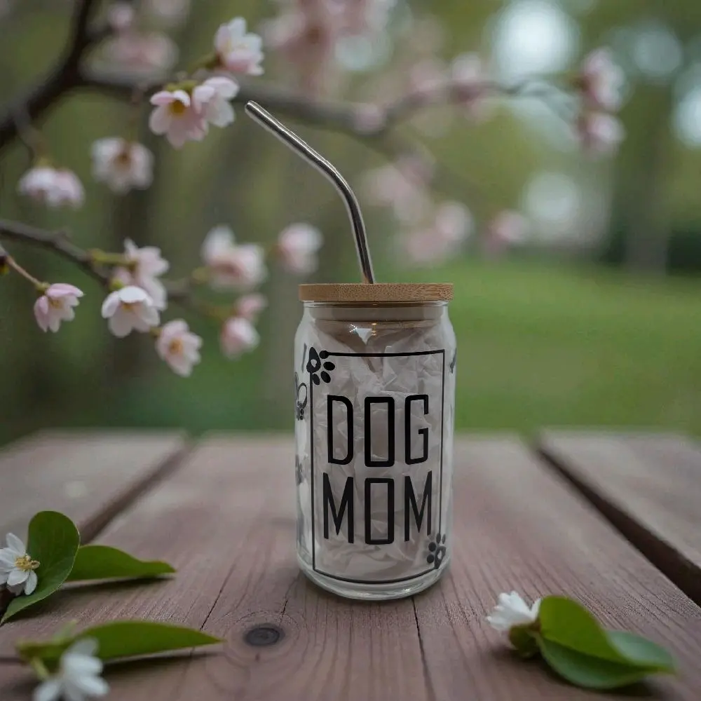 Dog Mom Glass Cup with Lid and Straw - Reusable Drinkware for Dogs