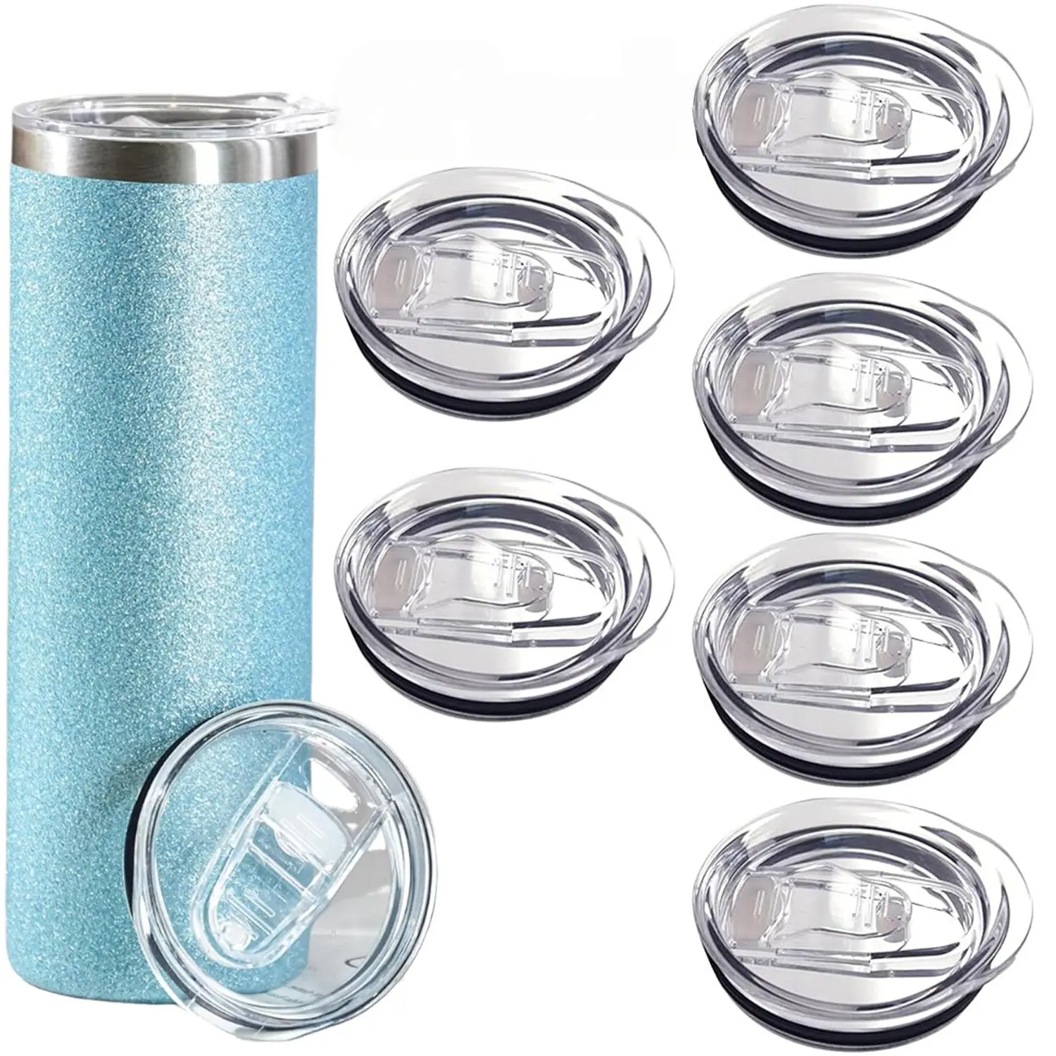 6 Pack 20 oz Skinny Tumbler Replacement Lids | Clear Plastic Splash Proof Covers | Fits 2.64 Inch Mouth Coffee Cup Cooler Tops