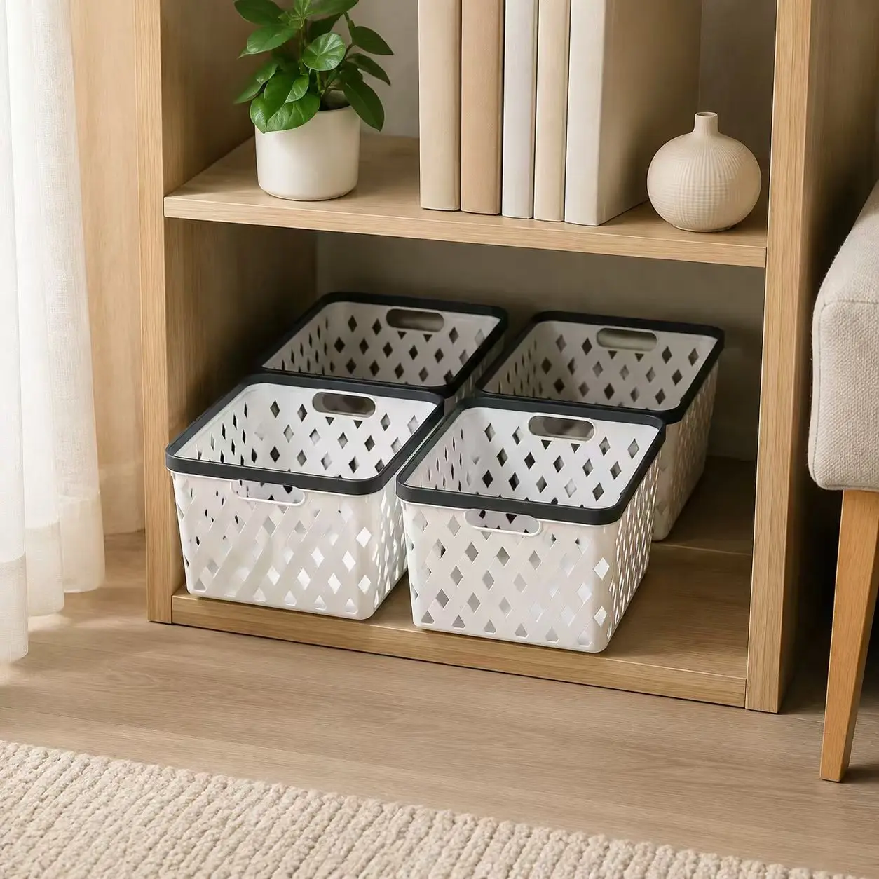 Hollow Weave Rectangular Hard Plastic Makeup Storage Basket Set with Handle, Stackable Vent Organizer Bin for Cosmetic Brushes, Skincare, Clothes - Household Items Cabinet, Vanity Organization