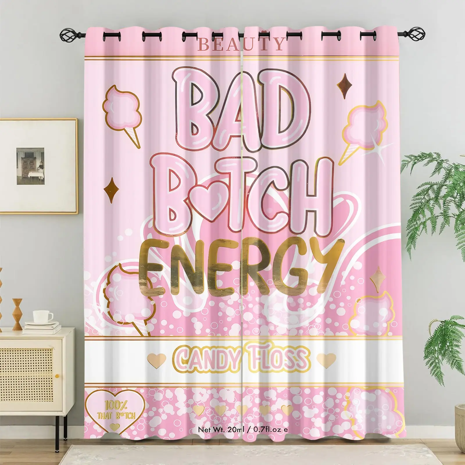 Bad Bitch Energy Printed Curtains 2 Panels, 80%-90% Light Blocking Darkening Curtains, Cute Cotton Candy Decor Curtains for Bedroom Living Room, Pink Aesthetic Window Drapes, Candy Floss, Home Decoration Curtain, Home Decorative Curtain, Home Textile