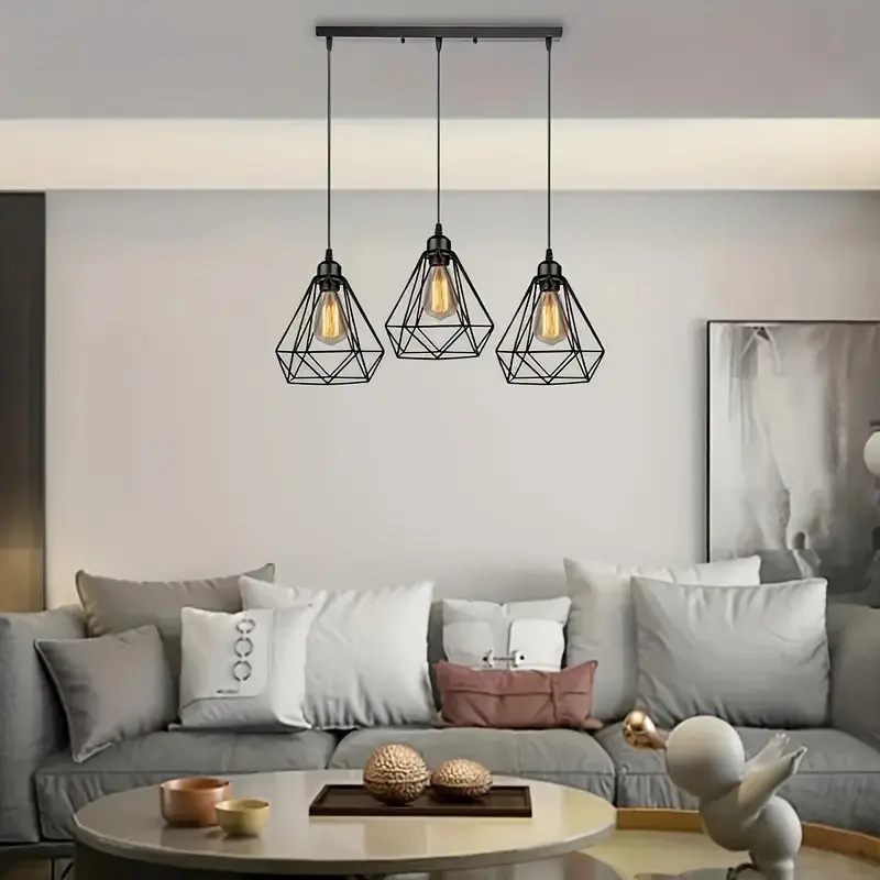 Industrial Metal Cage Chandelier, Adjustable Lights, Fashionable Geometric Rhombus Frame, Home Ceiling Lighting, Ideal for Home Decor, Restaurant, Kitchen Island, Gift (no Bulb)
