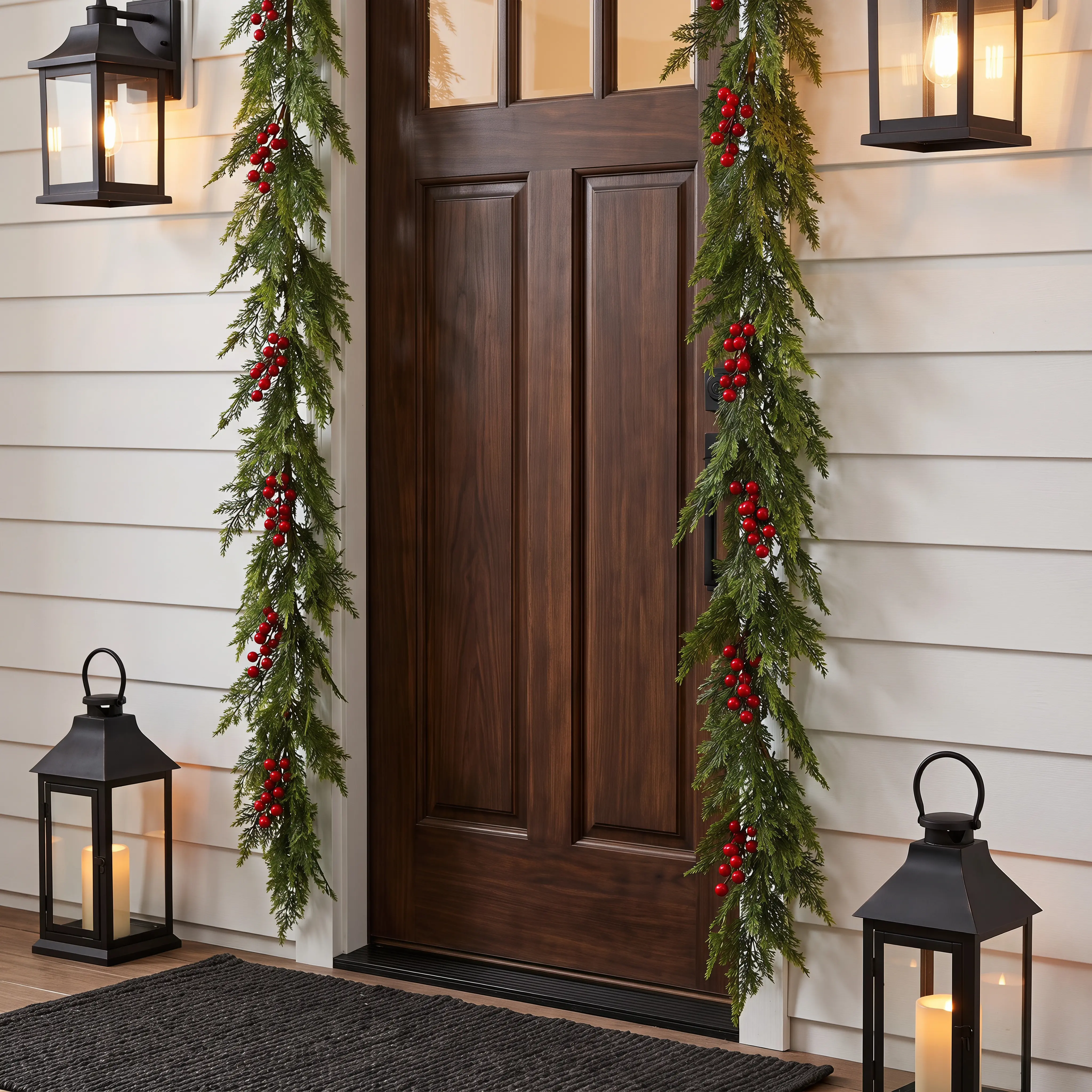 6FT Artificial Cedar Garland with Red Berries, Realistic Evergreen Christmas Greenery, Flexible Faux Pine Garland for Fireplace Mantel, Staircase, Front Door & Holiday Home Decor