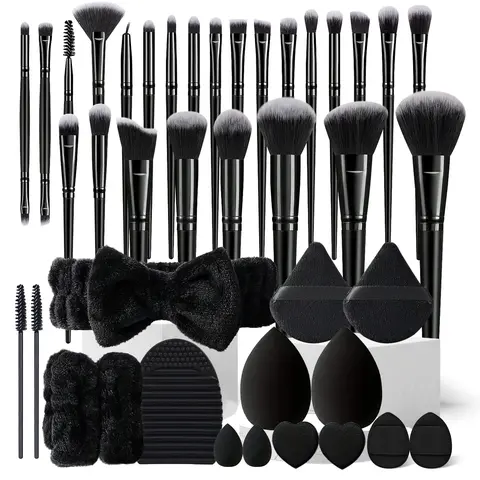 The Makeup Set 41PCS Includes 25Pcs Black Makeup Brushes, 4Pcs Makeup Sponges, 2Pcs Triangle Puffs, 1Pcs Headband, 2Pcs Wristbands, 1Pcs Brush Cleaner Mat, 4Pcs Finger Puffs, 2Pcs Eyelash Brushes for Your Routine Makeup Accessories