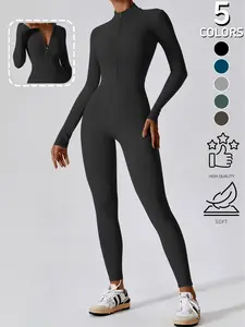 New Women's Long Sleeve Workout Jumpsuit High Elasticity Zipper Cardigan Slimming Yoga Fitness Wear Fashionable Sporty Casual