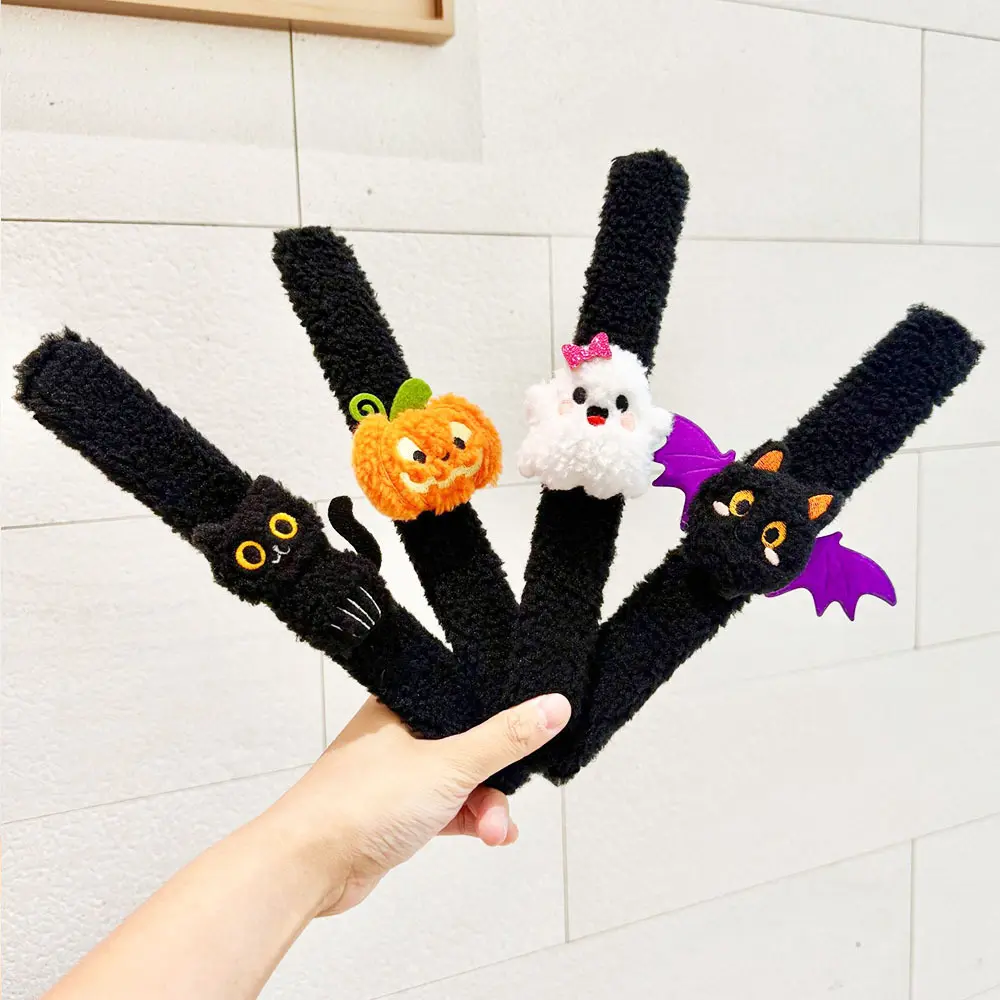 4-Piece Halloween Slap Bracelets Set - Plush Pumpkin, Ghost, Black Cat, Bat | Fun Slap-on Wristbands with Free Stickers