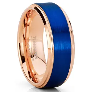 Mens Tungsten Carbide Ring RoseGold Tone Blue Wedding Band  Comfort-fit 8MM
