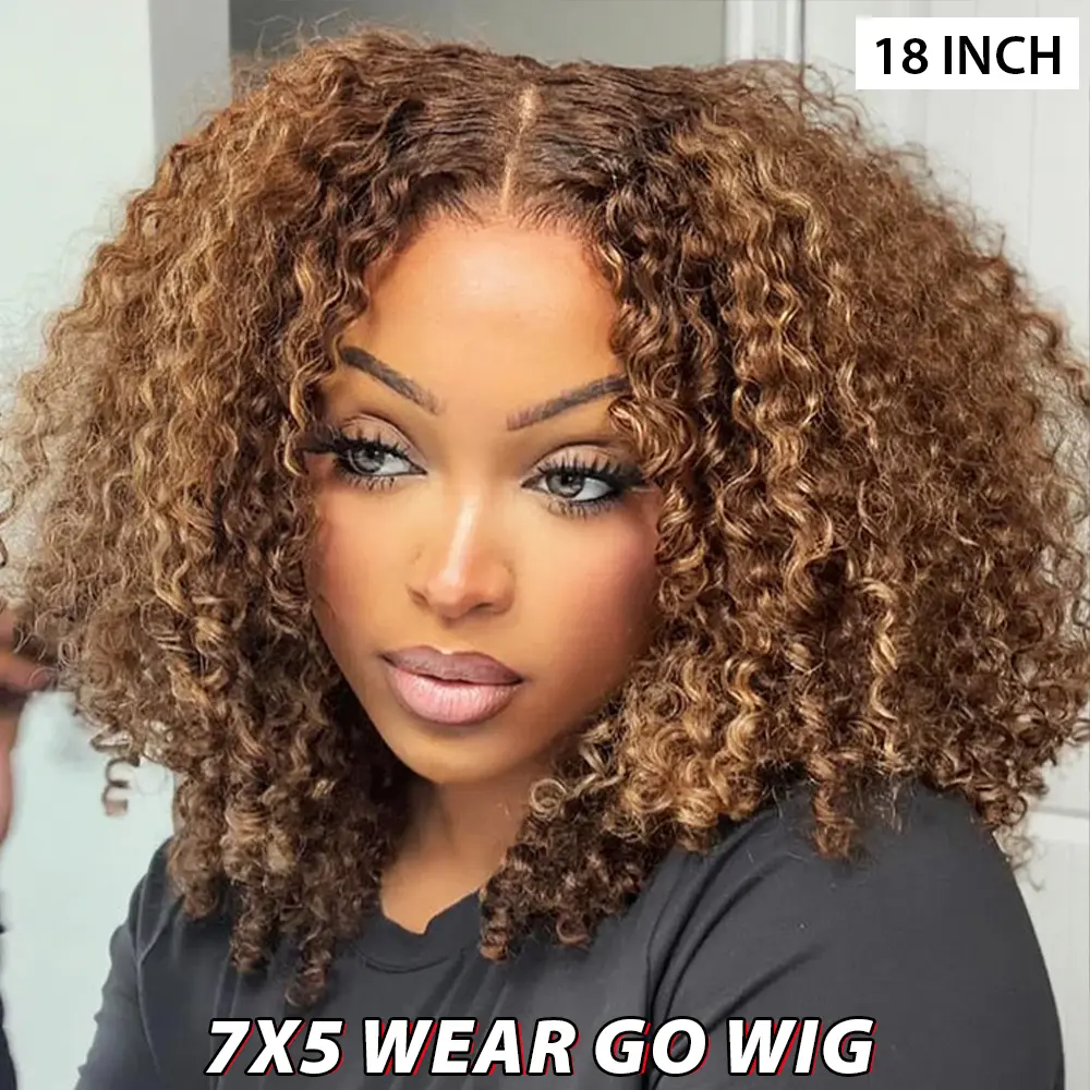 CurlyMe Wear Go Glueless Kinky Curly P4/27 Highlight Ombre Color Human Hair Wig 180% Density 7x5 Pre-cut Transparent Lace Front Wig Pre-plucked Natural Hairline Shipping in 24H #SohoChic #TikTokShopFallDealsForYou