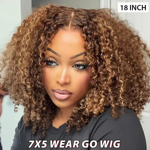 CurlyMe Wear Go Glueless Kinky Curly P4/27 Highlight Ombre Color Human Hair Wig 180% Density 7x5 Pre-cut Transparent Lace Front Wig Pre-plucked Natural Hairline Shipping in 24H #SohoChic #TikTokShopFallDealsForYou