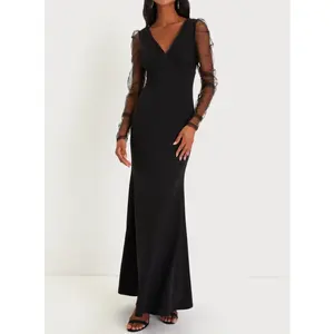 Lulus Red Carpet Energy Black Tulle Long Sleeve Mermaid Maxi Dress