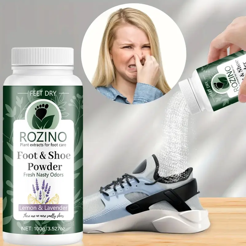 Rozino Full Effect Plant-Based Foot Powder 100g, Lemon Lavender Foot Care, Odor Elimination, Foot Odor Eliminator, Sweat Absorption, Portable Packaging